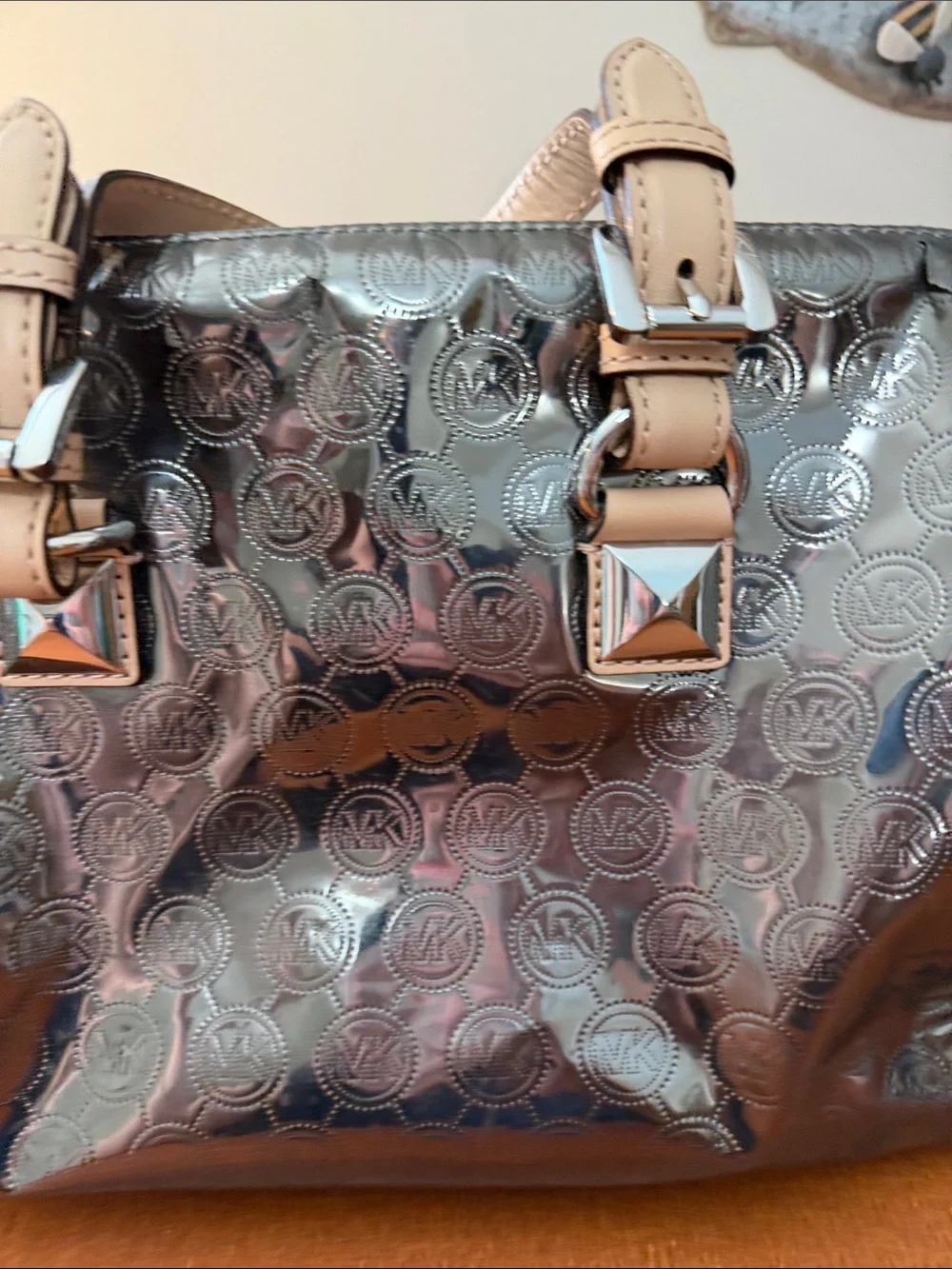 Michael Kors Metallic Silver Satchel with Cream Handles